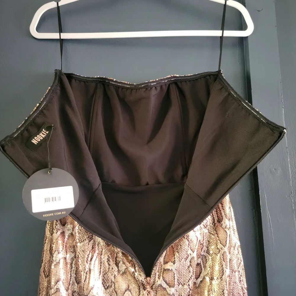 New Nookie‎ Blind Date Snake Animal Print Metallic Stretch Midi Dress Medium - Picture 10 of 13